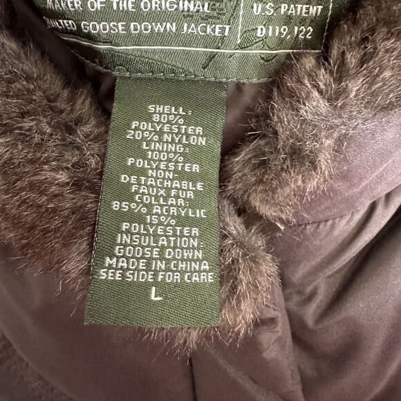 Eddie Bauer Puffer‎ Vest Womens L Brown Goose Down Zip Pockets Outdoor Faux Fur - Picture 7 of 7